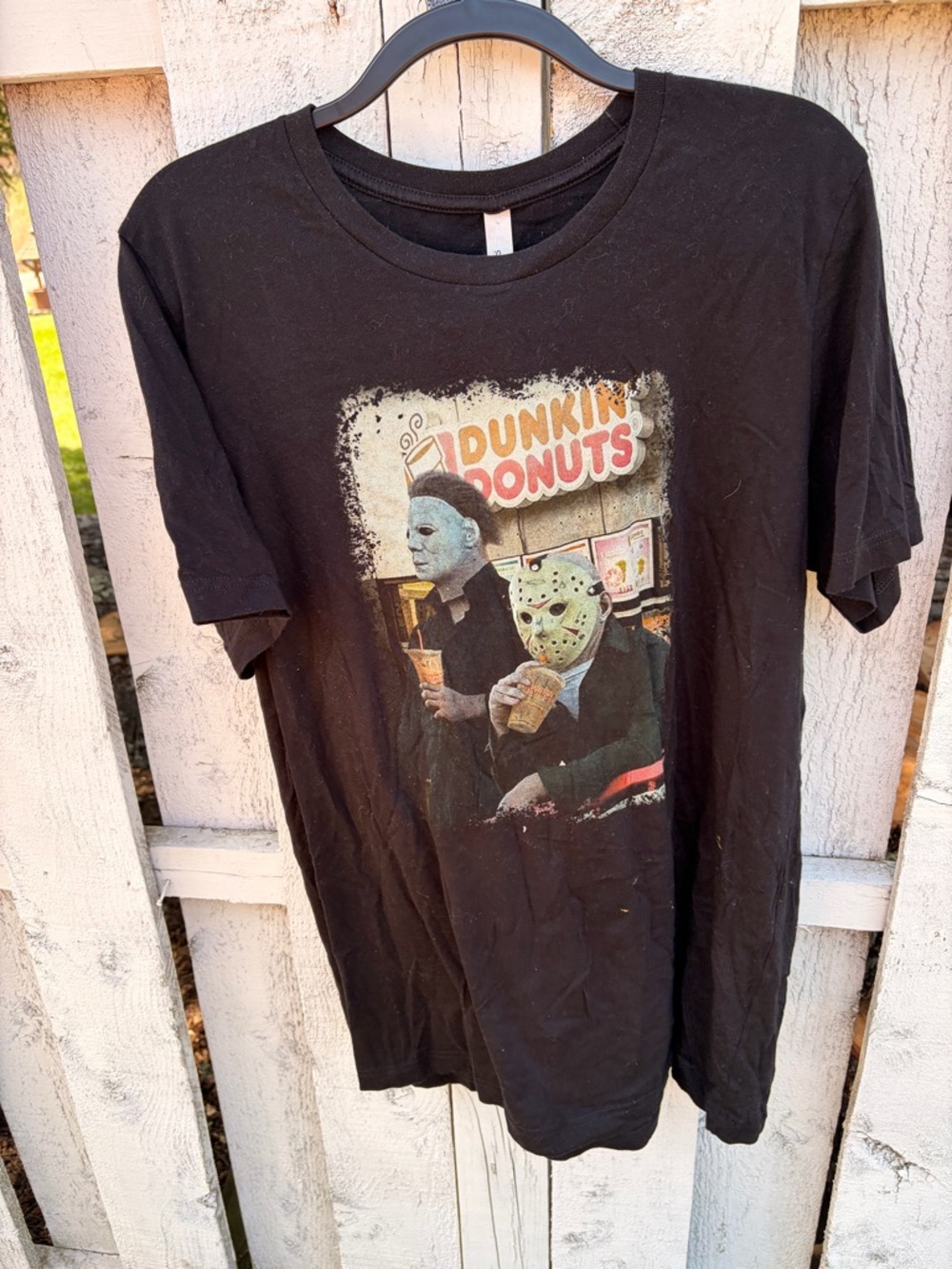 Bella Canvas- Distressed Dunkin Donuts Crew hang- Black Crewneck T-Shirt